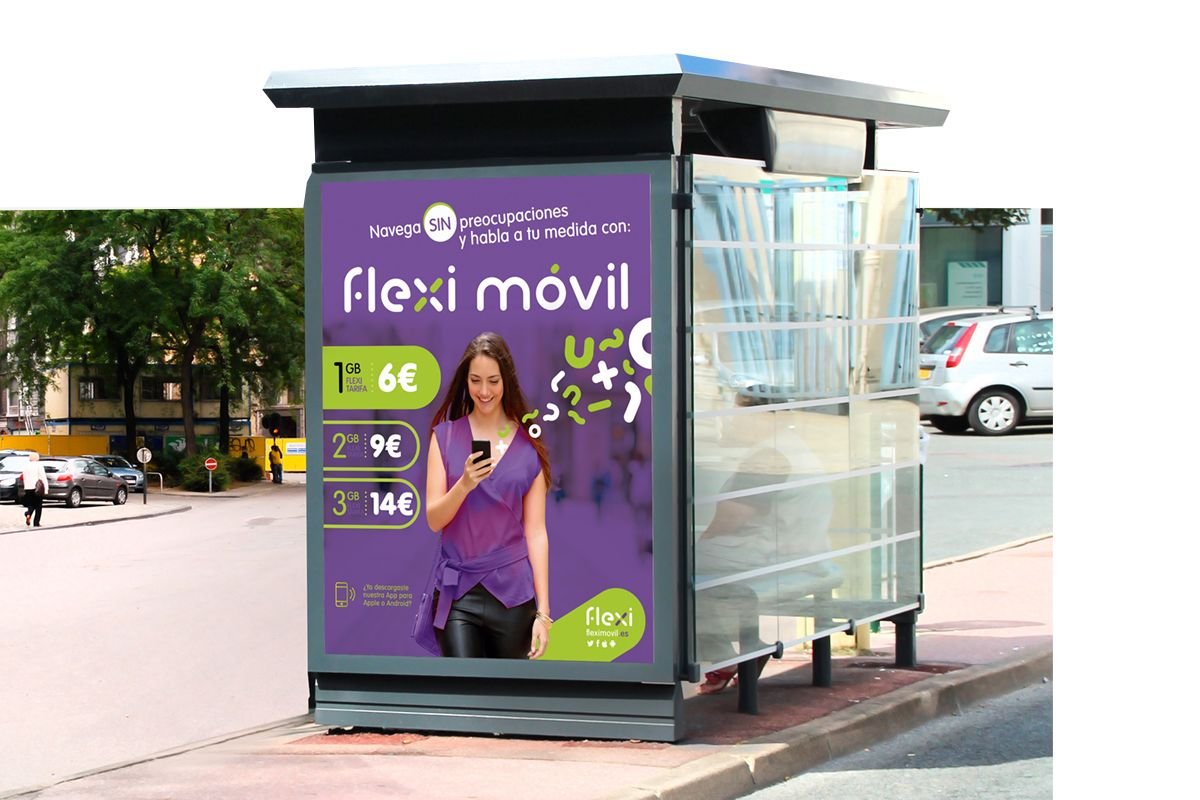 Diseño grafico de Mupi y cartelera de publicidad para la marca FlexiMovil brandesign
