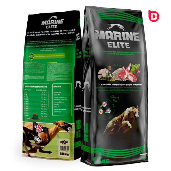 Marine elite diseño de packaging y etiqueta de pienso para galgos