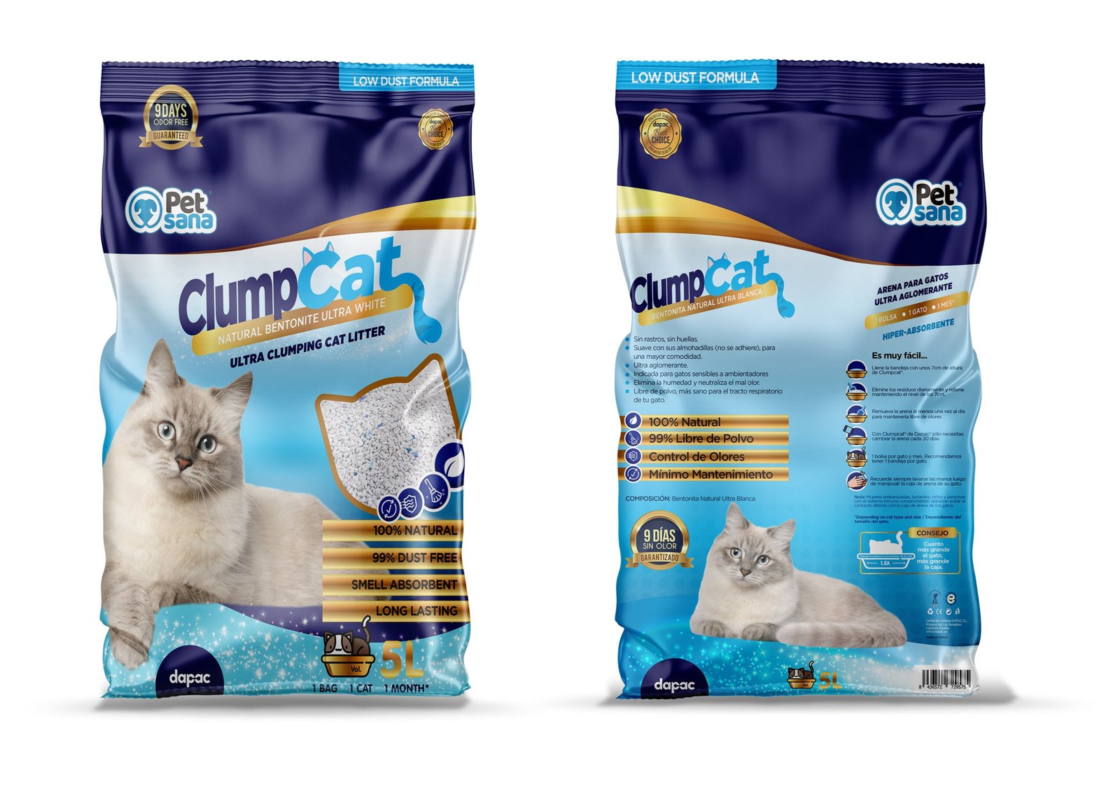Diseño gráfico del empaque de producto para mascota lecho arena para gatos ClumpCat caso de éxito portafolio de agencia creativa madrid Brandesign