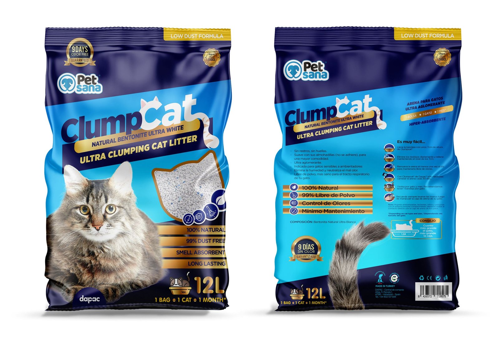 Diseño gráfico del empaque de producto para mascota lecho arena para gatos ClumpCat mockup y diseño del empaque como portafolio de diseño Brandesign