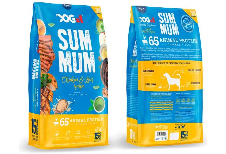 diseño gráfico del saco frontal y trasero del pienso para perros