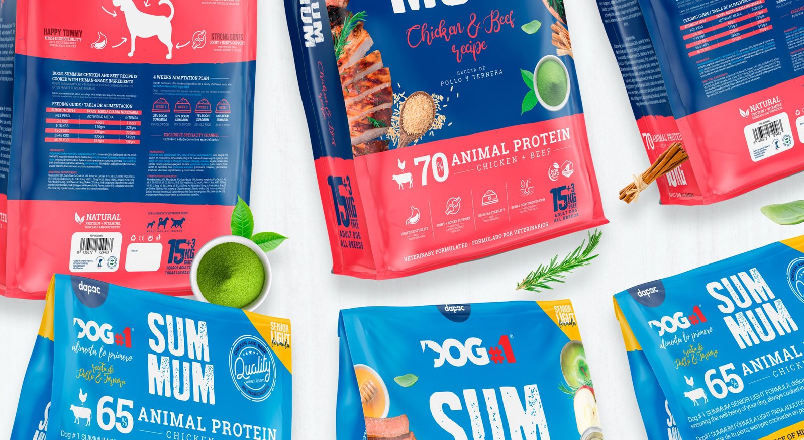 diseño gráfico del saco frontal y trasero del pienso para perros