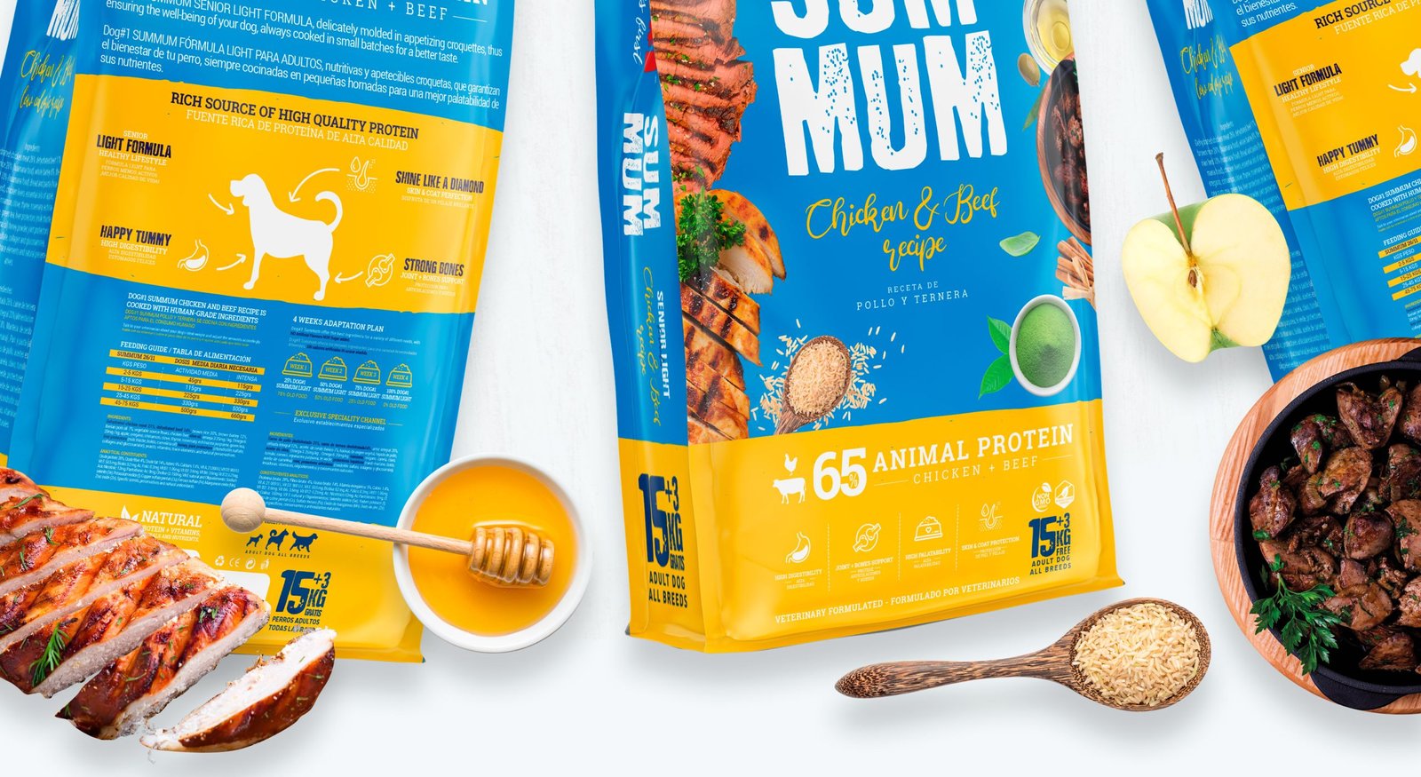 diseño gráfico del saco frontal y trasero del pienso para perros