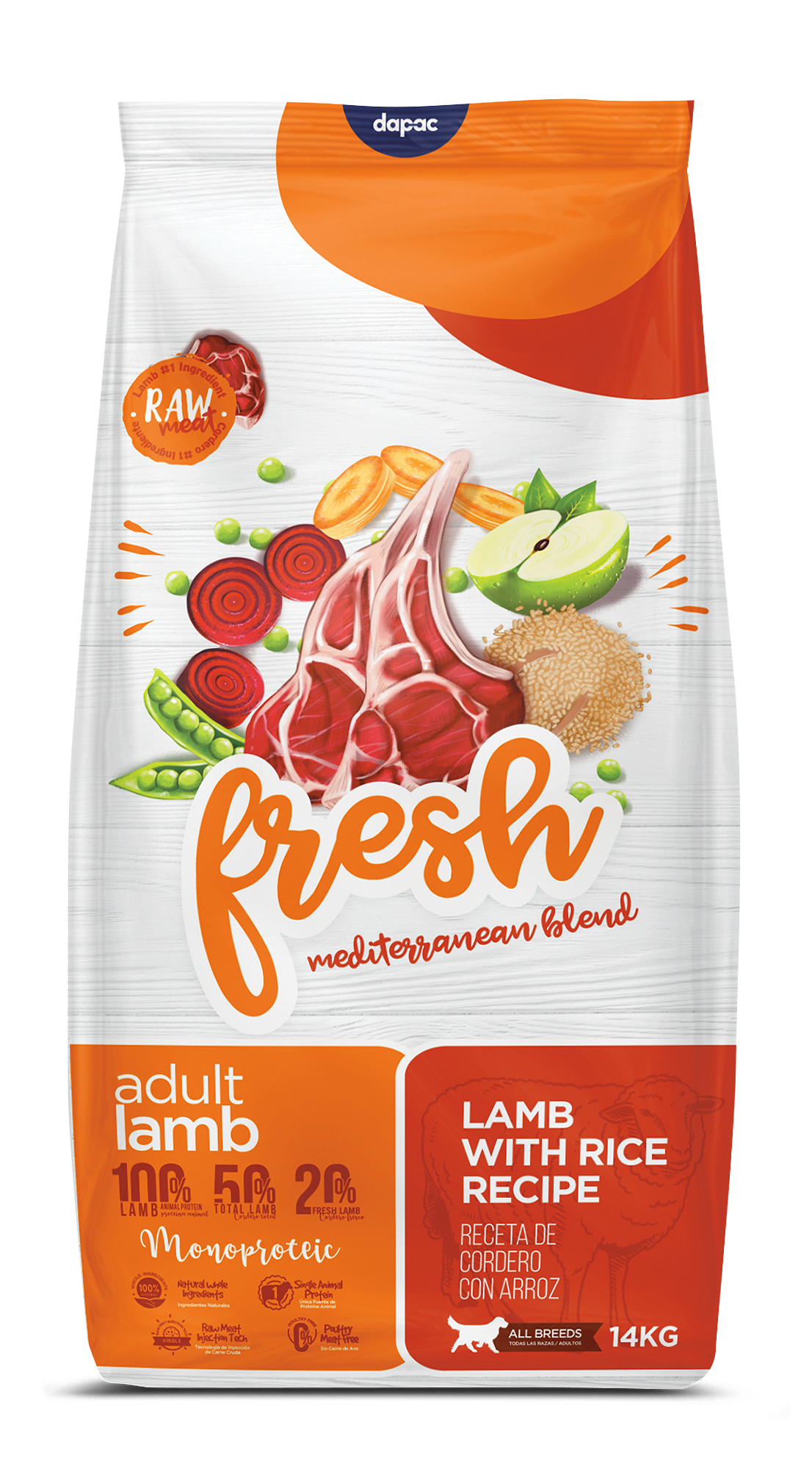 diseño grafico de empaque alimento para perros pienso diseño del saco de Fresh Mediterranean arte final y mockup