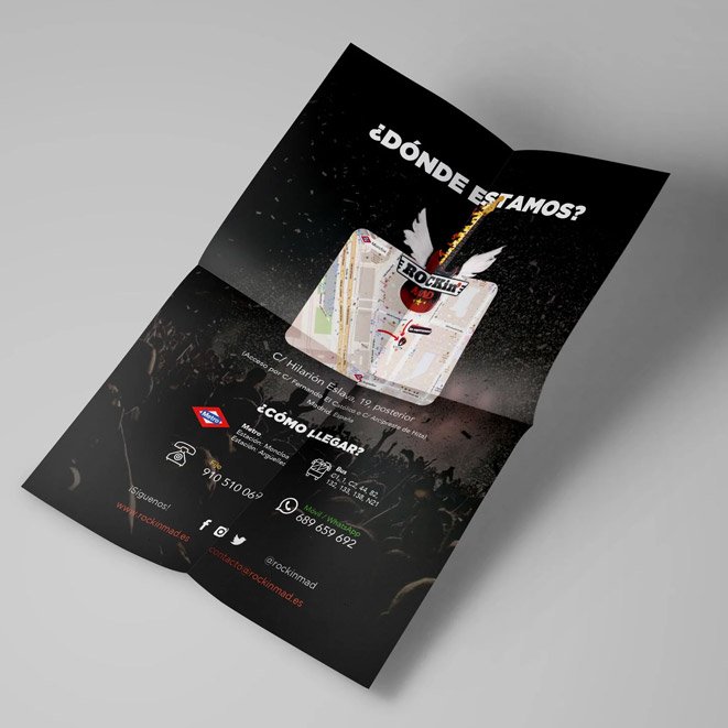 diseño del folleto publicitario o flyer de la escuela de rock y branding para rockin madrid por Brandesign.