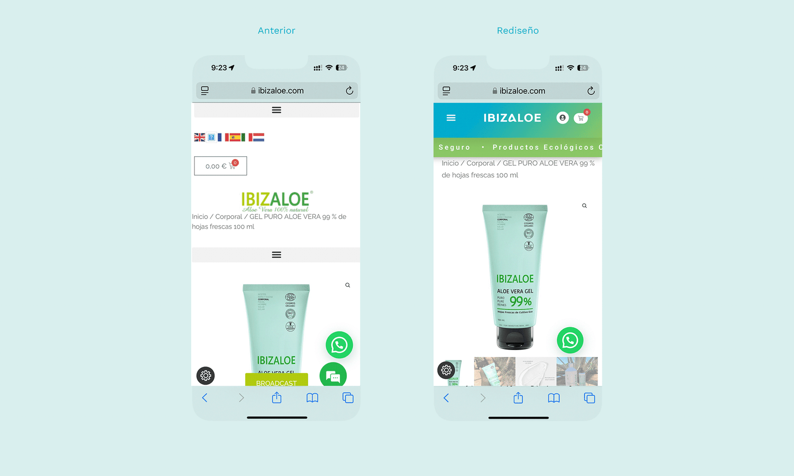 comparativa antes y después del rediseño de la tienda en dispositivos móviles