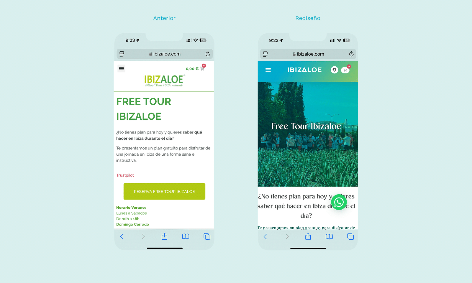 comparativa antes y después del rediseño de la tienda en dispositivos móviles