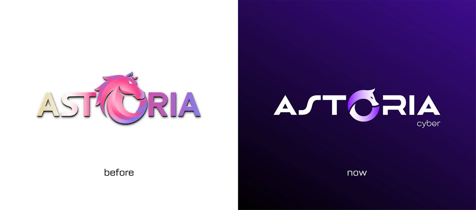 Comparación visual entre el antiguo logotipo 3D y la nueva identidad minimalista diseñada por Brandesign para Astoria Cyber.