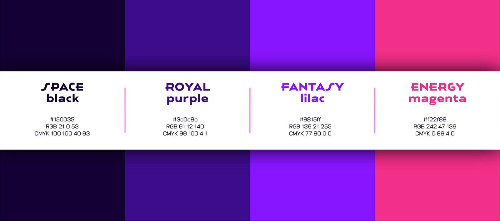 Esquema de colores de la marca basado en tonos cibernéticos como violeta, índigo y magenta, ideal para el sector tech y energético.